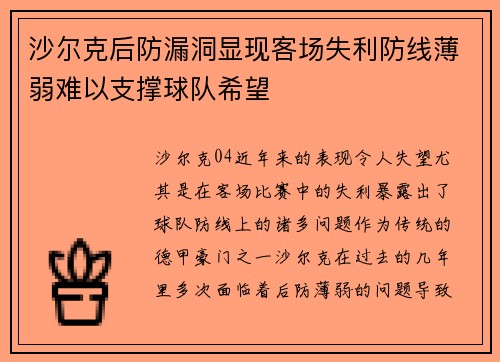沙尔克后防漏洞显现客场失利防线薄弱难以支撑球队希望 沙尔克后防漏洞显现客场失利防线薄弱难以支撑球队希望